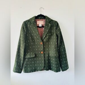 Anthropologie Madchen Green Blazer Leather Buttons Fisherman Academia Wool Blend